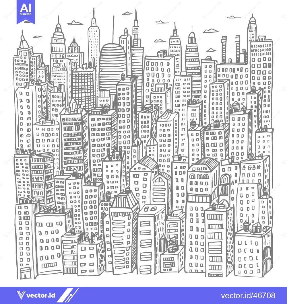 Premium Vector of Hand-drawn sketch of a dense cityscape with skyscrapers and clouds.