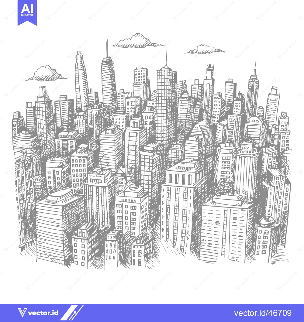 Premium Vector dari Hand-drawn sketch of a dense cityscape with skyscrapers and clouds