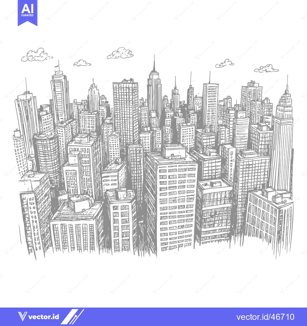 Premium Vector dari Hand-Drawn Sketch of a Dense Cityscape with Tall Buildings and Clouds