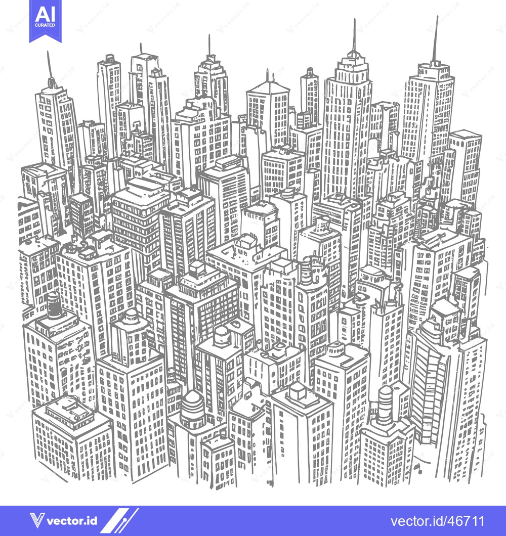 Premium Vector dari Hand-drawn Sketch of a Dense Urban Skyline with Numerous Skyscrapers
