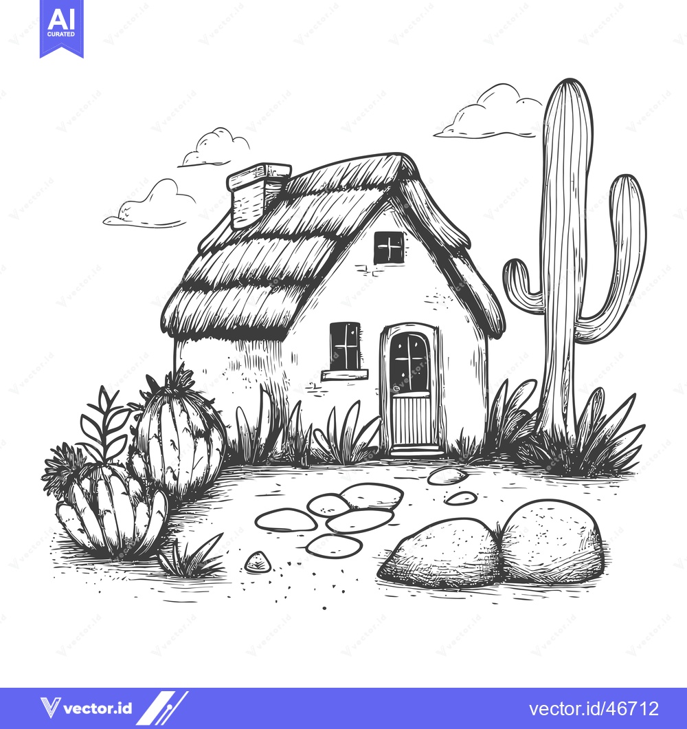 Premium Vector dari Hand-Drawn Sketch of a Desert House with Cactus and Rocks