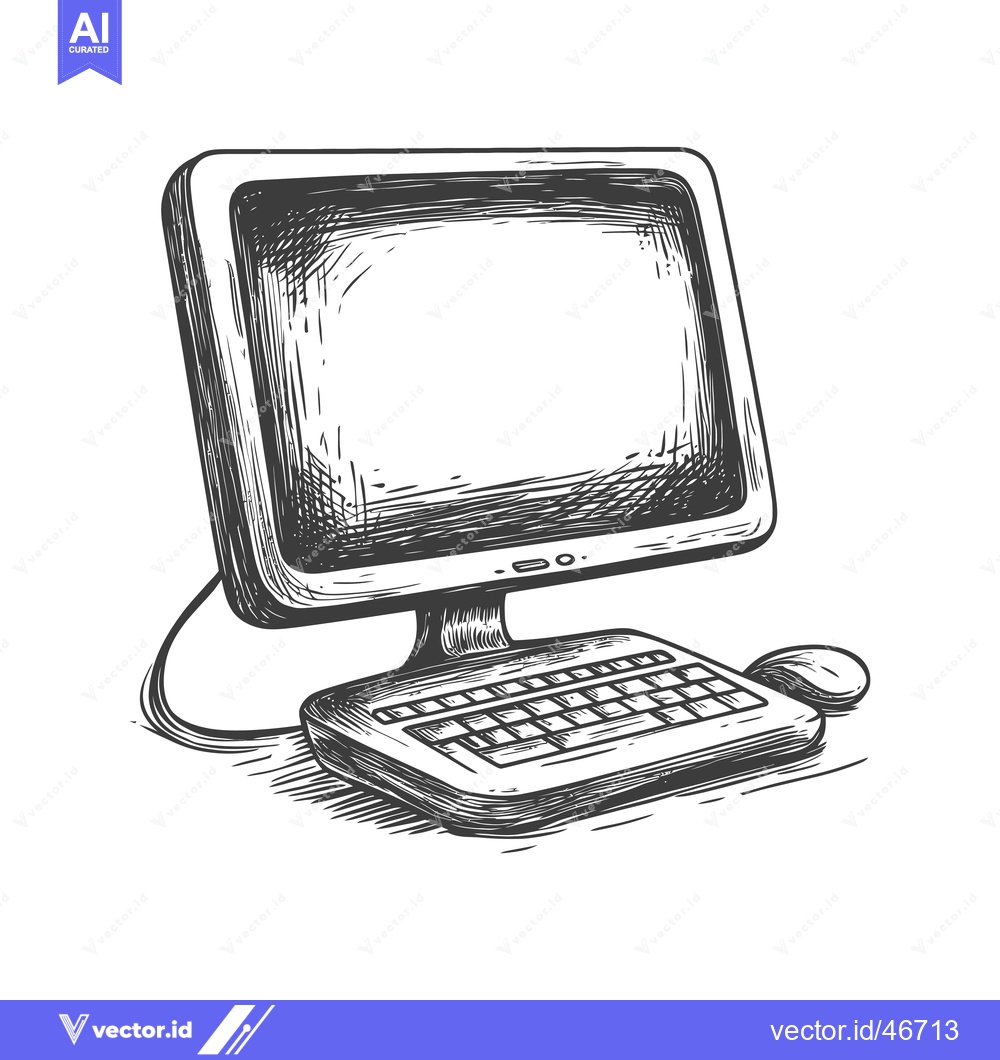 Premium Vector of Hand-Drawn Sketch of a Desktop Computer with a Monitor, Keyboard, and