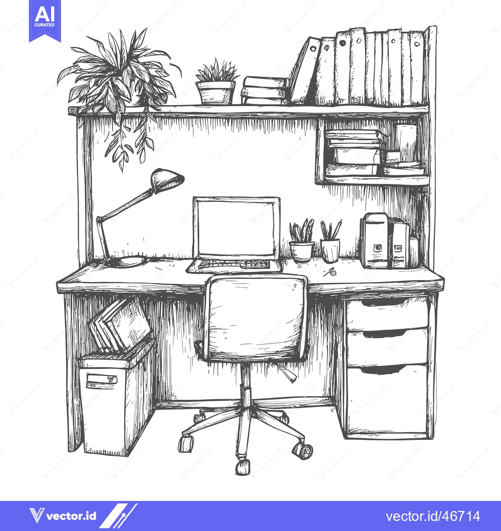 Premium Vector of Hand-Drawn Sketch of a Desk with a Computer, Books, and Plants