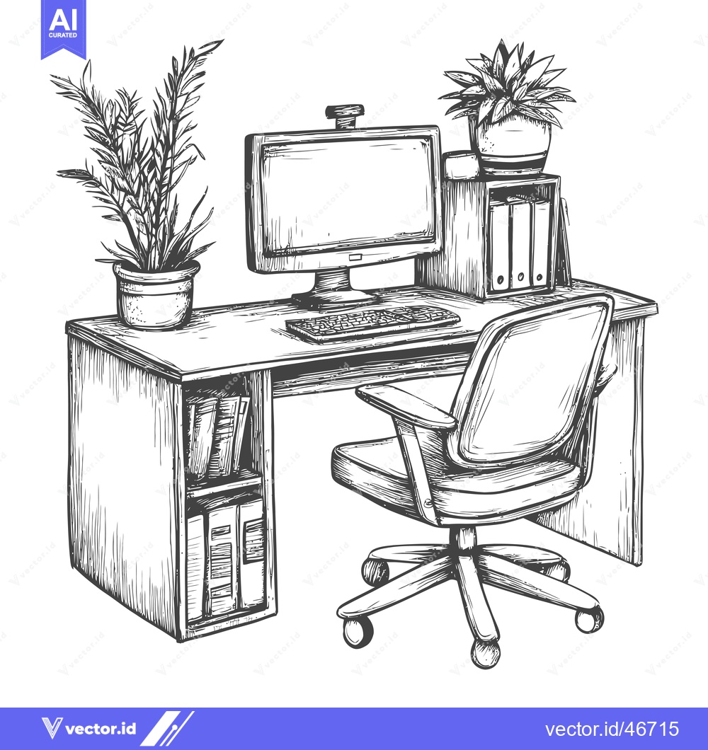 Premium Vector dari Hand-drawn Sketch of a Desk with a Computer, Chair, and Plants