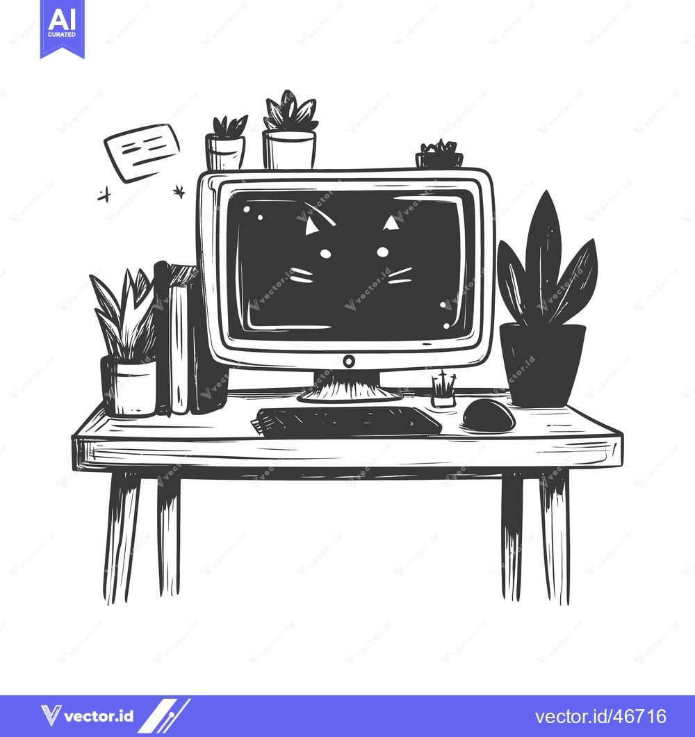 Premium Vector of Hand-Drawn Sketch of a Desk with a Computer, Plants, and Books