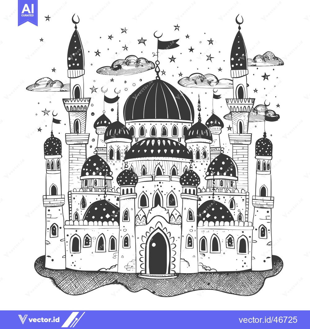 Premium Vector of Hand-drawn Sketch of a Detailed Mosque with Minarets and Stars