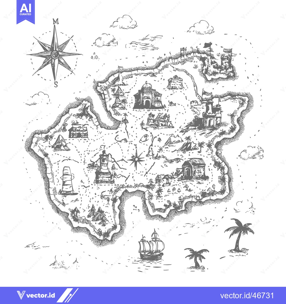Premium Vector dari Hand-Drawn Sketch of a Detailed Treasure Island Map with a Compass, Sa