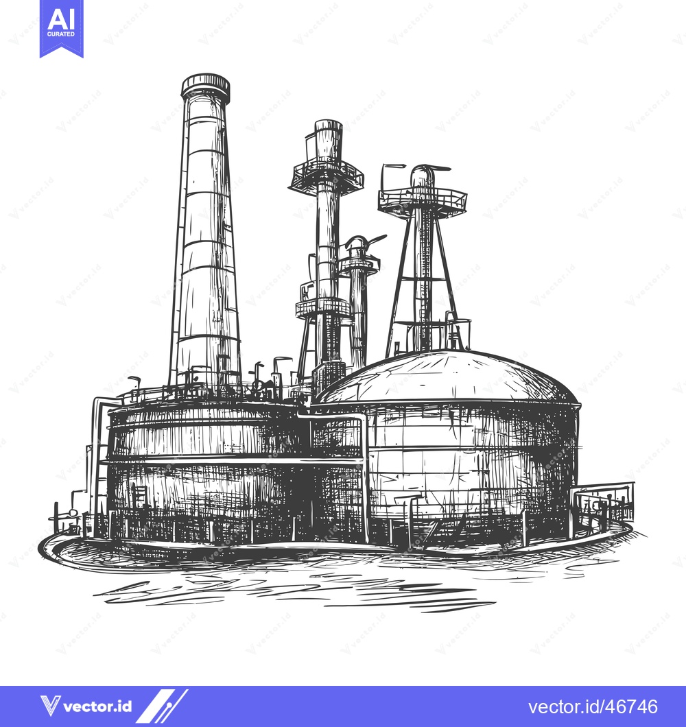 Premium Vector of Hand-drawn sketch of a factory with tall chimneys and storage tanks