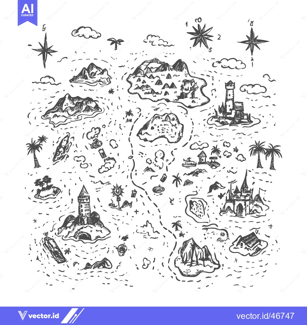 Premium Vector of Hand-drawn Sketch of a Fantasy Island Map with Castles, Palm Trees, an