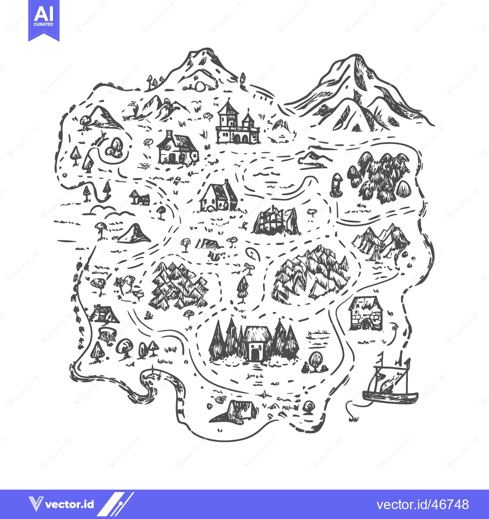 Premium Vector dari Hand-drawn sketch of a fantasy island map with houses, mountains, and