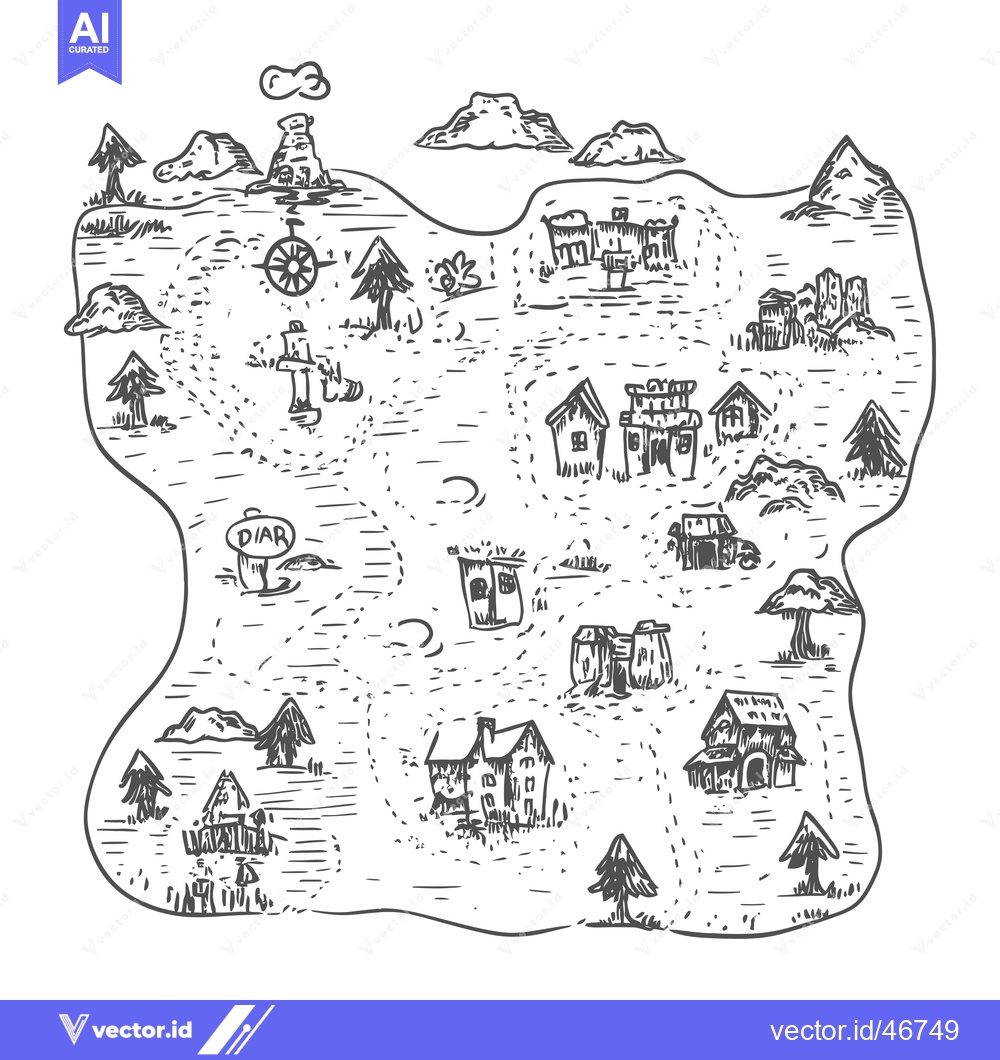 Premium Vector of Hand-Drawn Sketch of a Fantasy Island with Buildings and Trees