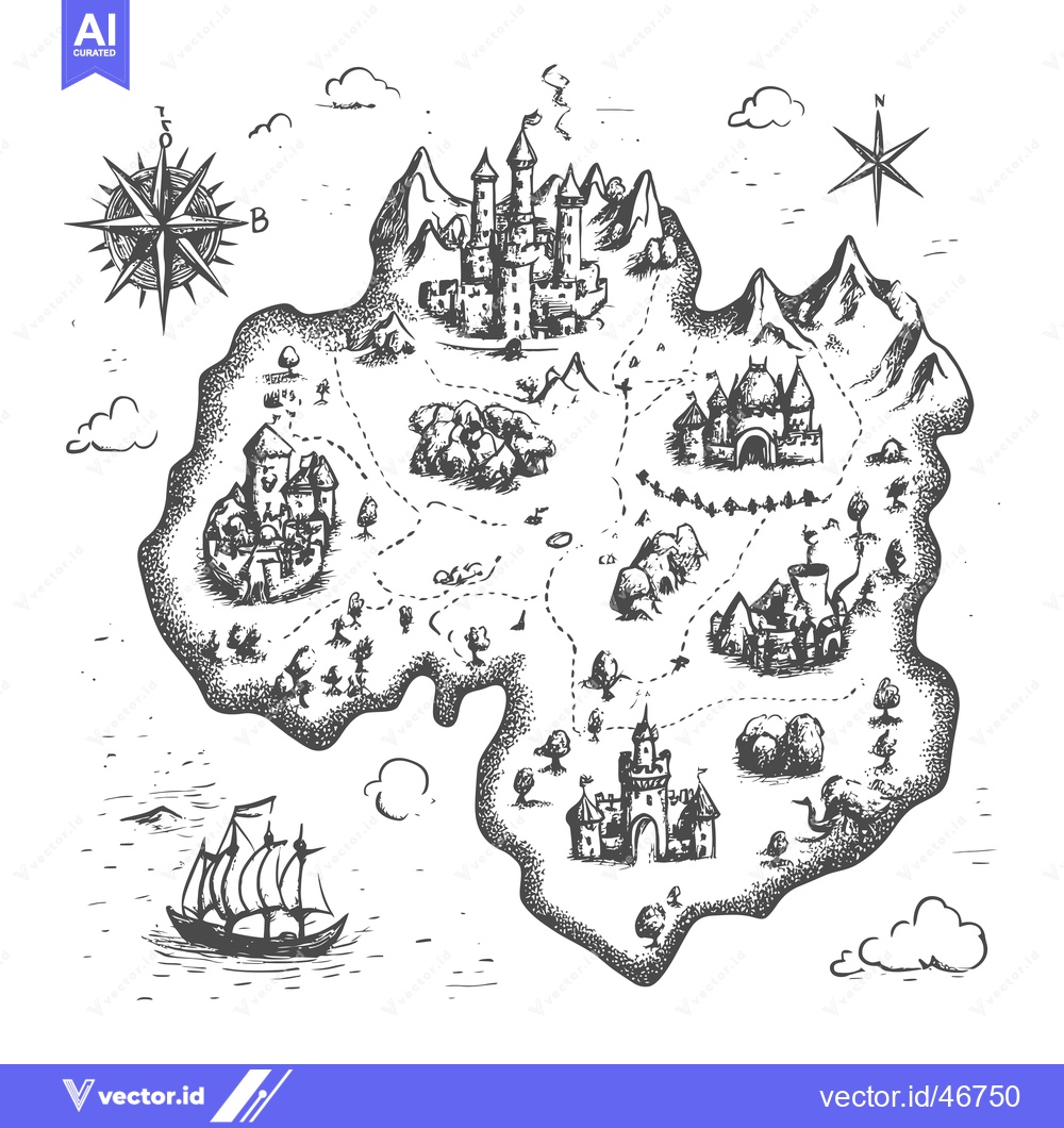 Premium Vector dari Hand-Drawn Sketch of a Fantasy Island with Multiple Castles and a Comp