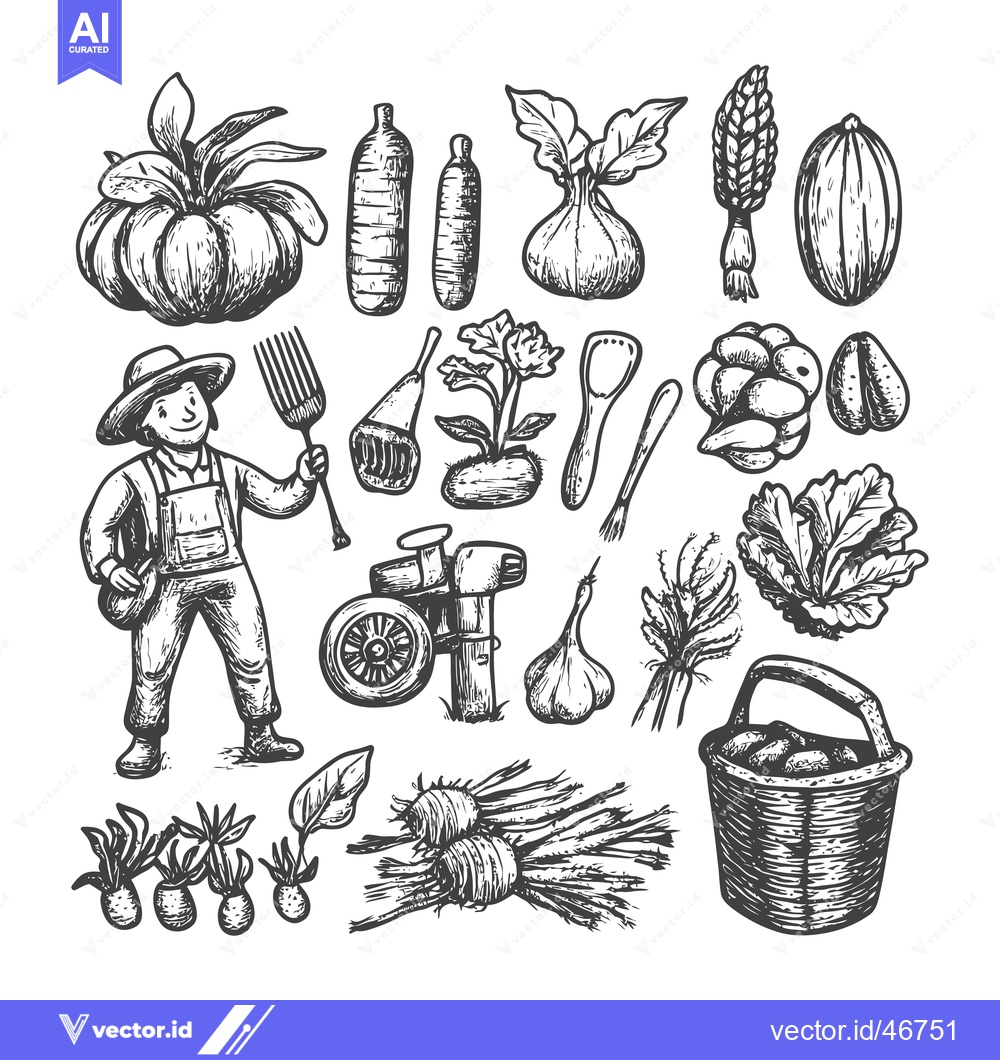 Premium Vector dari Hand-Drawn Sketch of a Farmer and Various Vegetables and Gardening Too