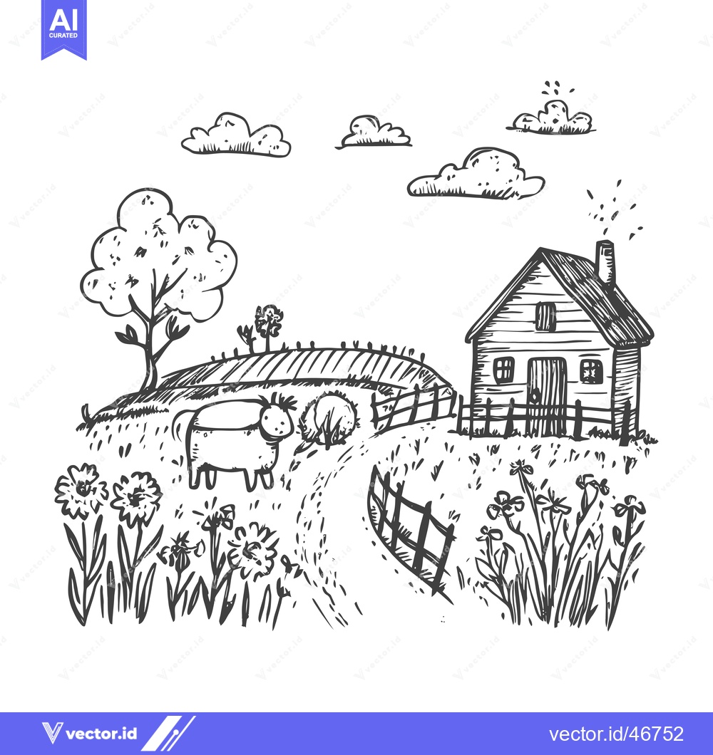 Premium Vector of Hand-drawn sketch of a farmhouse, cow, and flowers in a field
