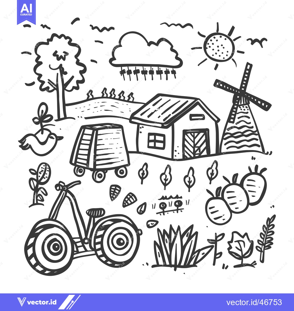 Premium Vector dari Hand-Drawn Sketch of a Farm Scene with a Barn, Windmill, Tractor, and