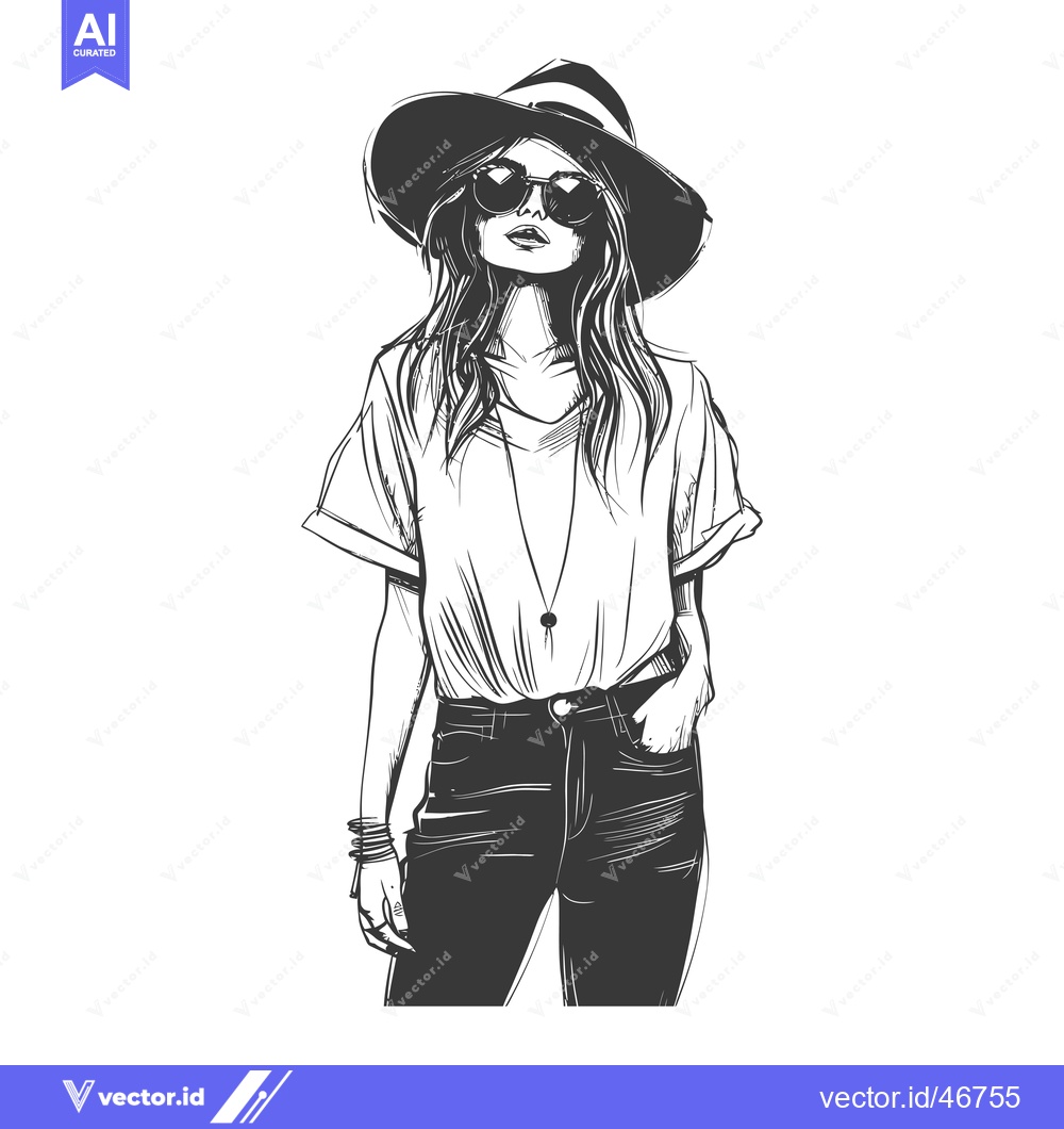 Premium Vector dari Hand-drawn sketch of a fashionable woman in a hat and sunglasses