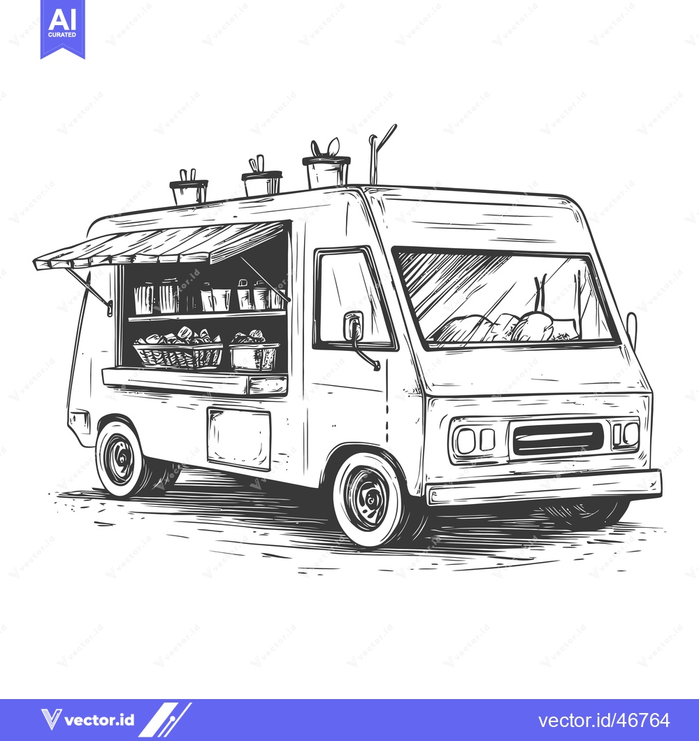 Premium Vector dari Hand-drawn Sketch of a Food Truck with an Awning and Shelves of Produc