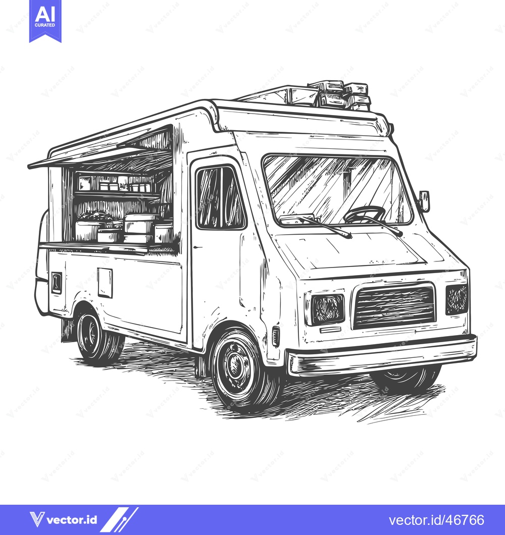 Premium Vector dari Hand-Drawn Sketch of a Food Truck with Open Serving Window