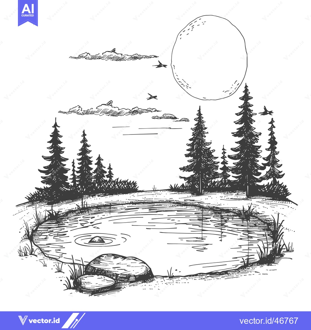 Premium Vector dari Hand-Drawn Sketch of a Forest Pond with Moon and Birds