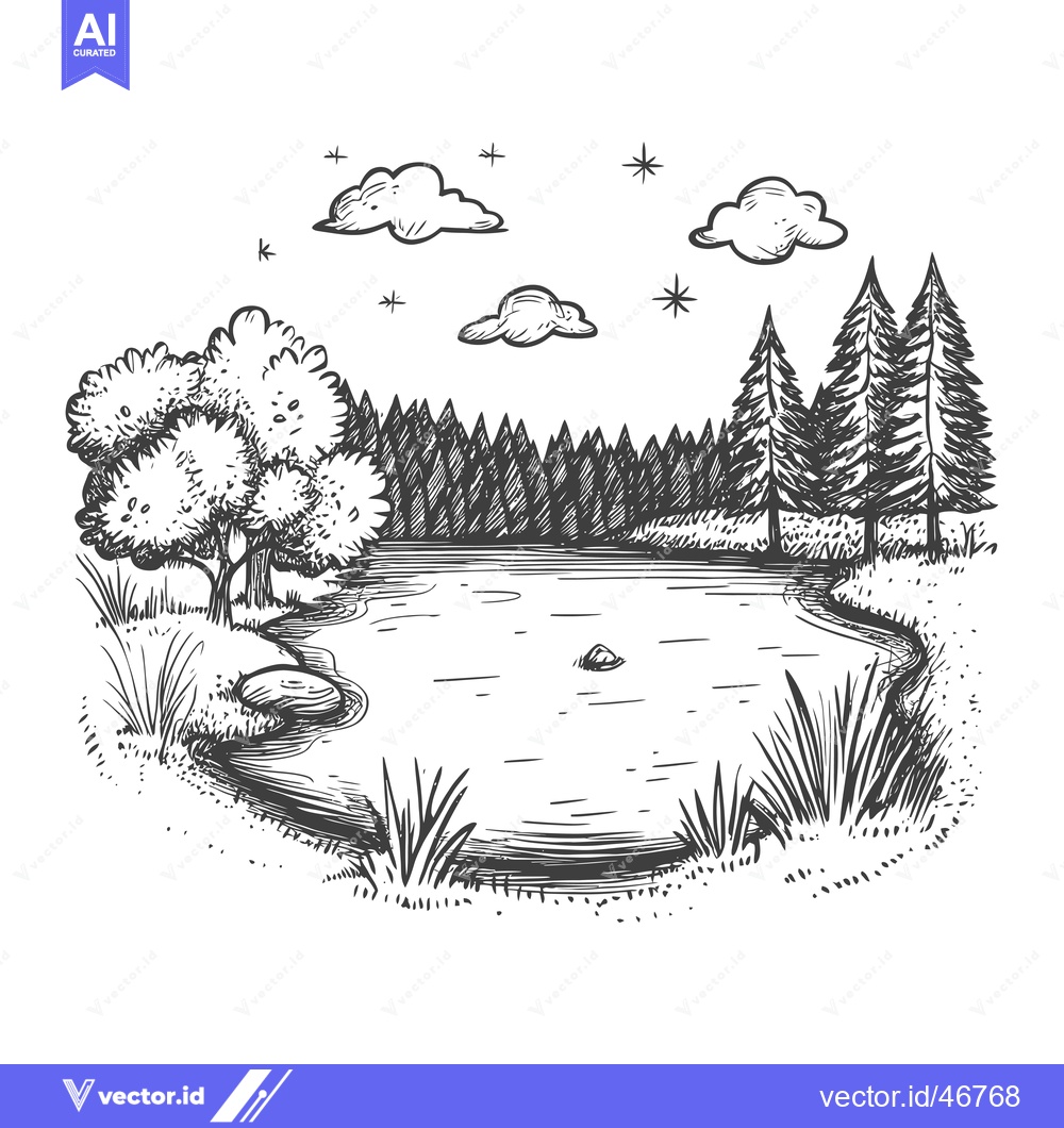 Premium Vector of Hand-drawn Sketch of a Forest Pond with Trees and Clouds
