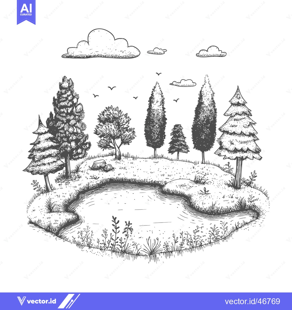 Premium Vector of Hand-Drawn Sketch of a Forest Pond with Trees and Clouds