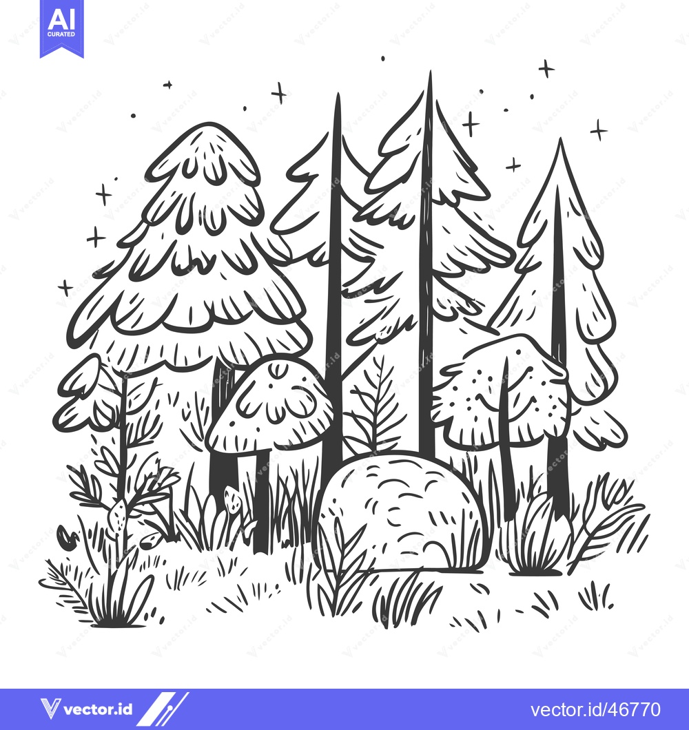Premium Vector dari Hand-Drawn Sketch of a Forest Scene with Trees, Mushrooms, and Undergr