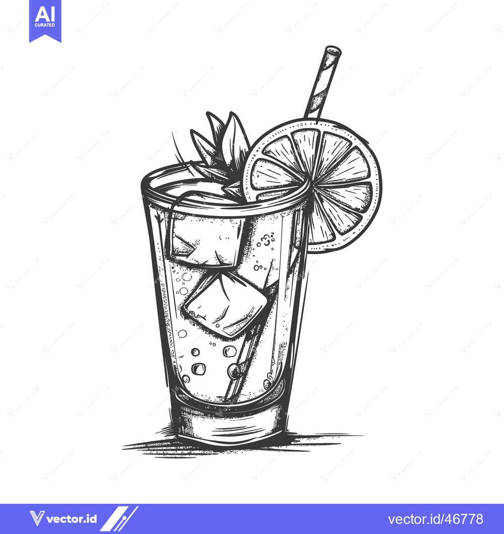 Premium Vector dari Hand-drawn Sketch of a Glass of Iced Drink with Lemon and a Straw