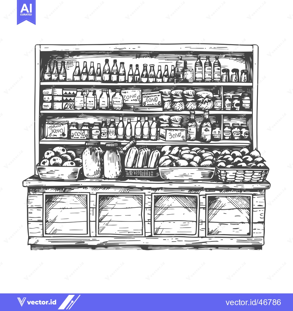 Premium Vector dari Hand-drawn sketch of a grocery store shelf with various items for sale