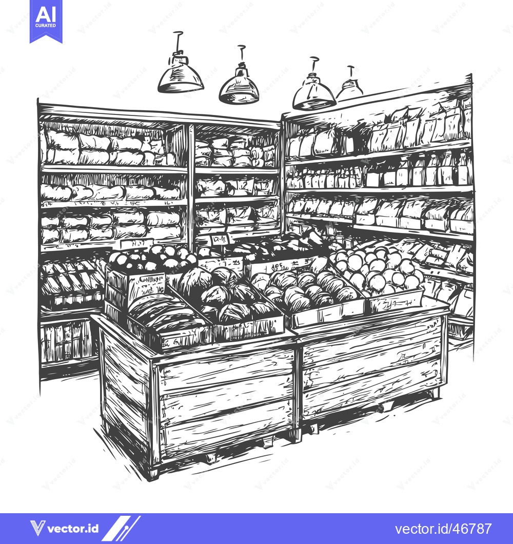 Premium Vector dari Hand-drawn sketch of a grocery store with fruit and vegetable displays