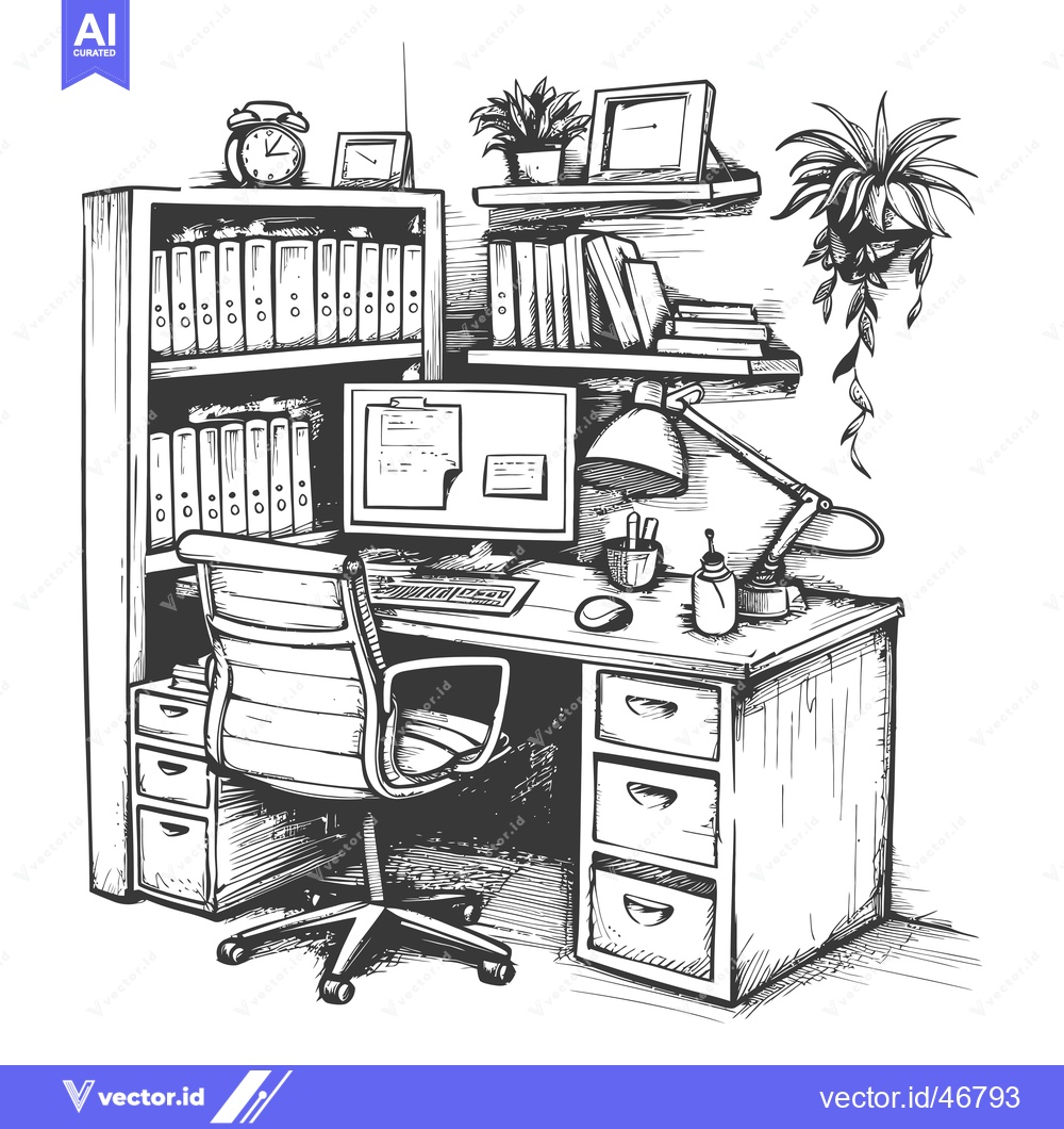 Premium Vector dari Hand-drawn sketch of a home office desk with computer, bookshelf, and