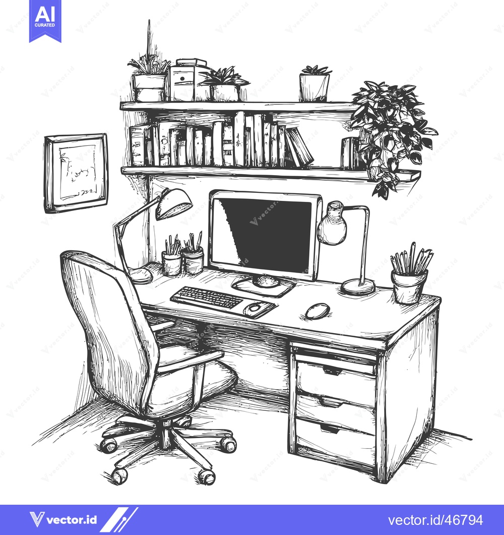 Premium Vector dari Hand-Drawn Sketch of a Home Office Workspace with a Desk, Computer, Ch
