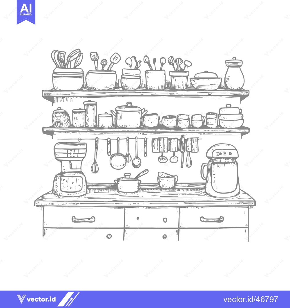 Premium Vector of Hand-drawn sketch of a kitchen counter with shelves and appliances