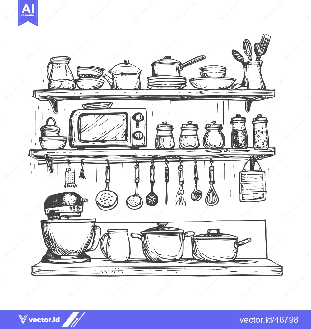 Premium Vector of Hand-drawn Sketch of a Kitchen Counter with Utensils and Appliances