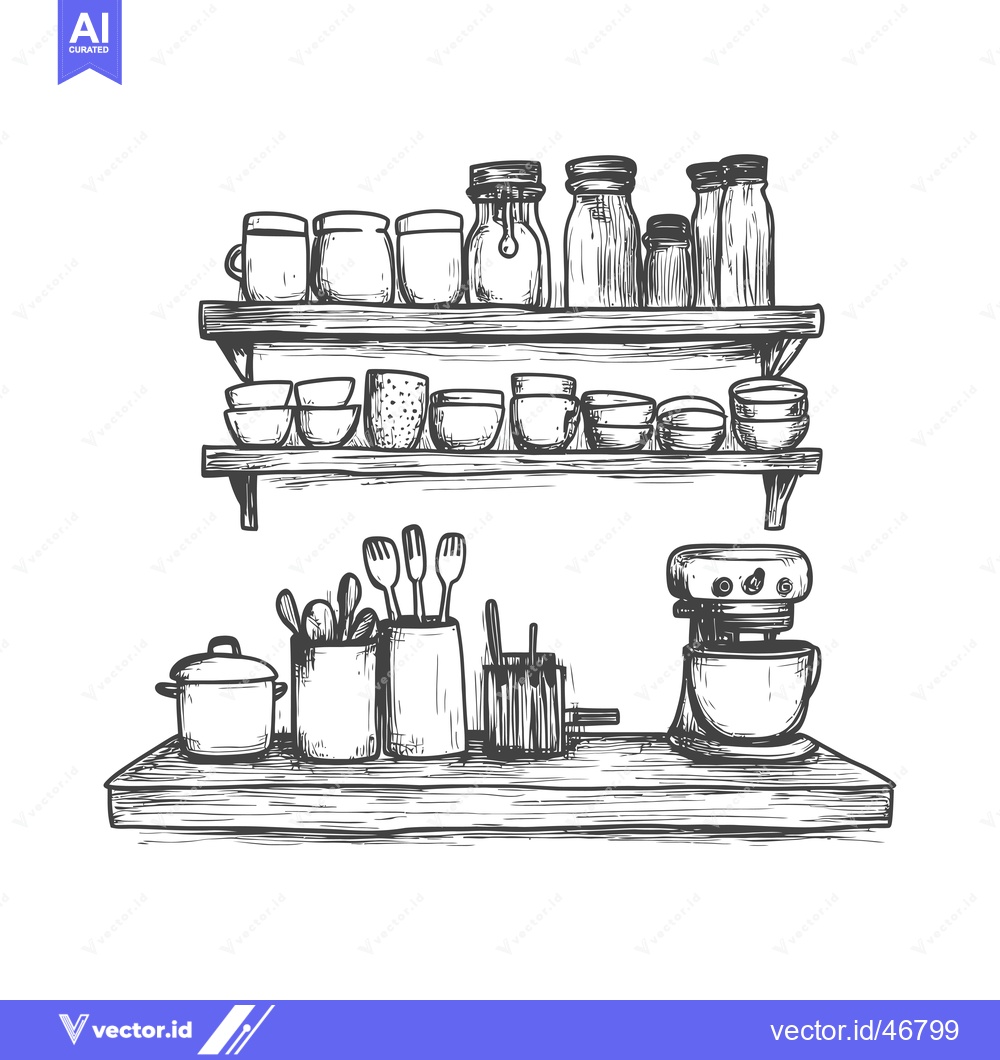 Premium Vector of Hand-Drawn Sketch of a Kitchen Counter with Utensils, Jars, Bowls, and