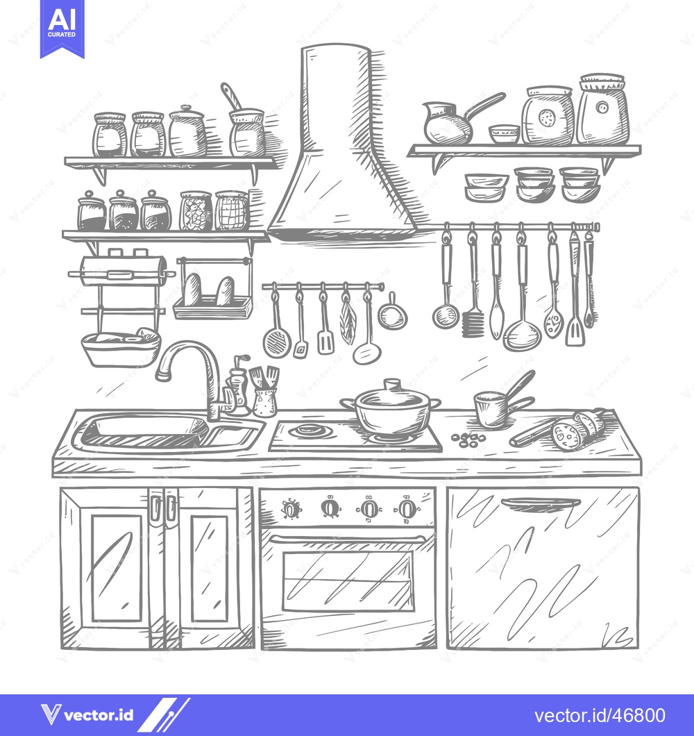 Premium Vector of Hand-drawn Sketch of a Kitchen with Appliances and Utensils