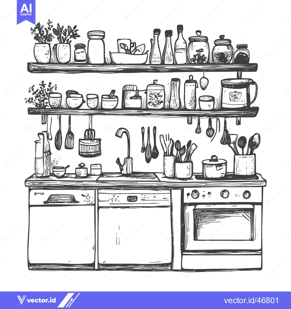 Premium Vector of Hand-Drawn Sketch of a Kitchen with Shelves, Sink, and Stove