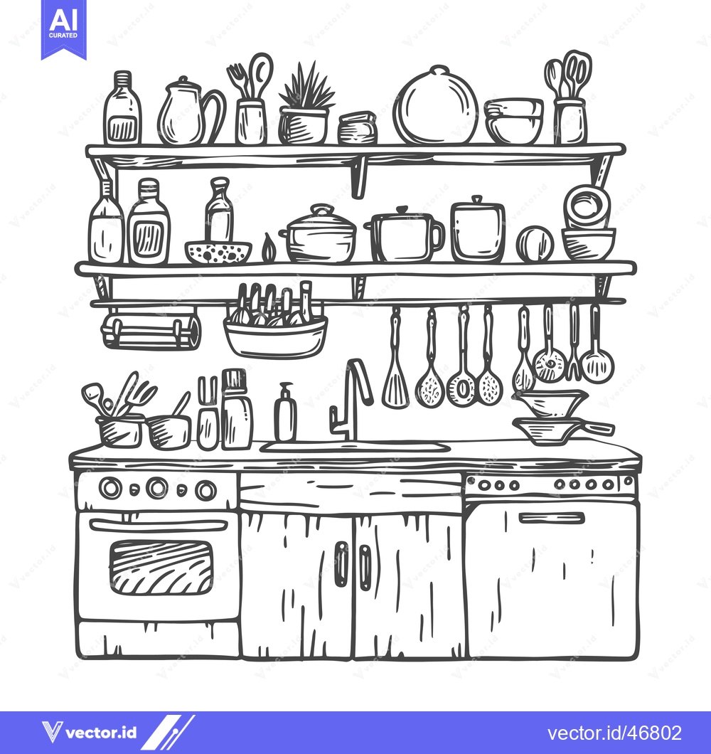 Premium Vector of Hand-drawn sketch of a kitchen with shelves, sink, and stove