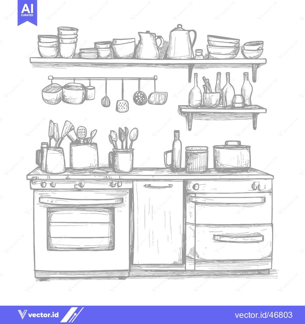 Premium Vector of Hand-Drawn Sketch of a Kitchen with Stove, Cabinets, and Utensils