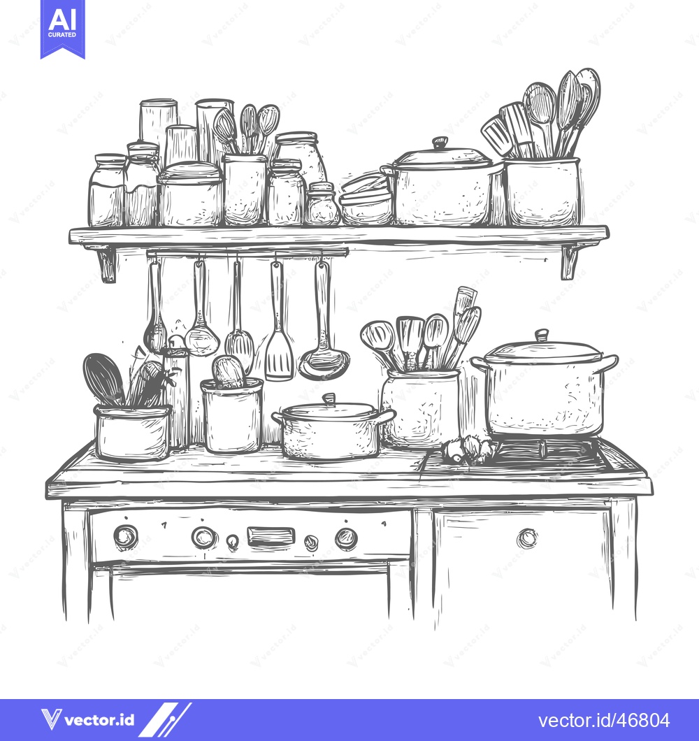 Premium Vector dari Hand-Drawn Sketch of a Kitchen with Utensils, Pots, and a Stove