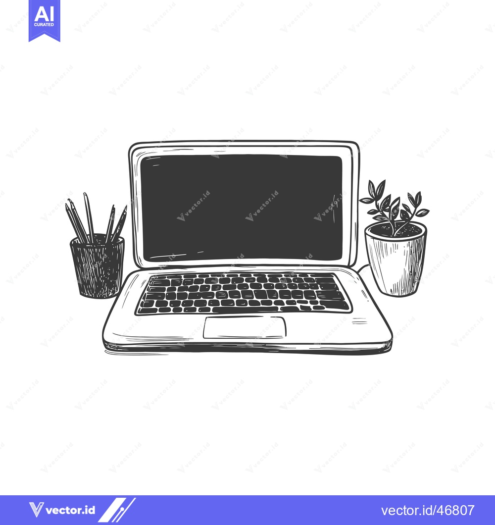 Premium Vector of Hand-Drawn Sketch of a Laptop, Pencils, and a Plant