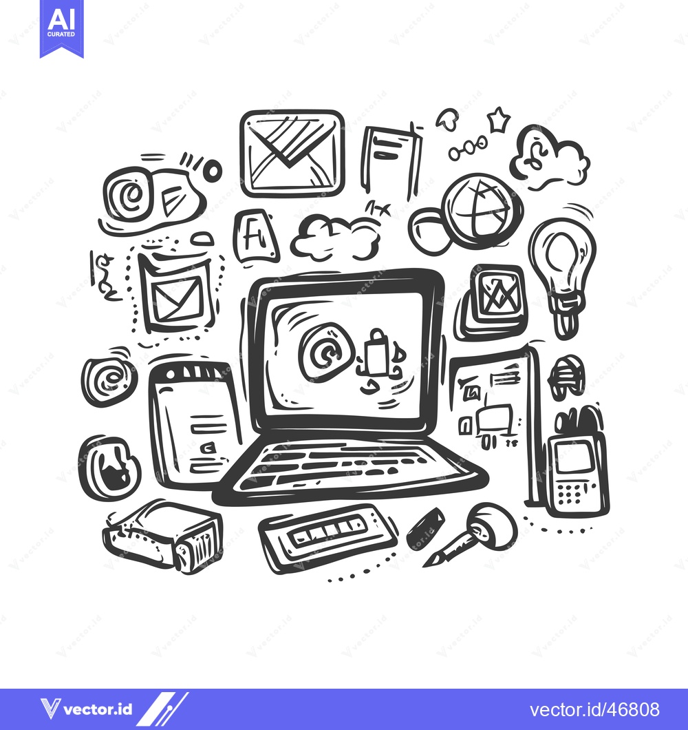Premium Vector dari Hand-Drawn Sketch of a Laptop Surrounded by Technology and Office Supp