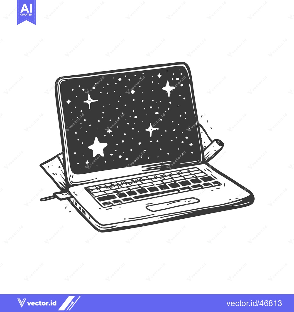 Premium Vector dari Hand-Drawn Sketch of a Laptop with a Night Sky Display