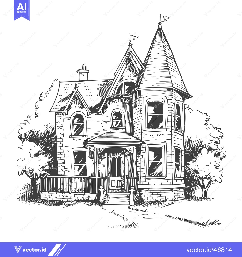 Premium Vector of Hand-drawn sketch of a large brick Victorian home with a pointed roof