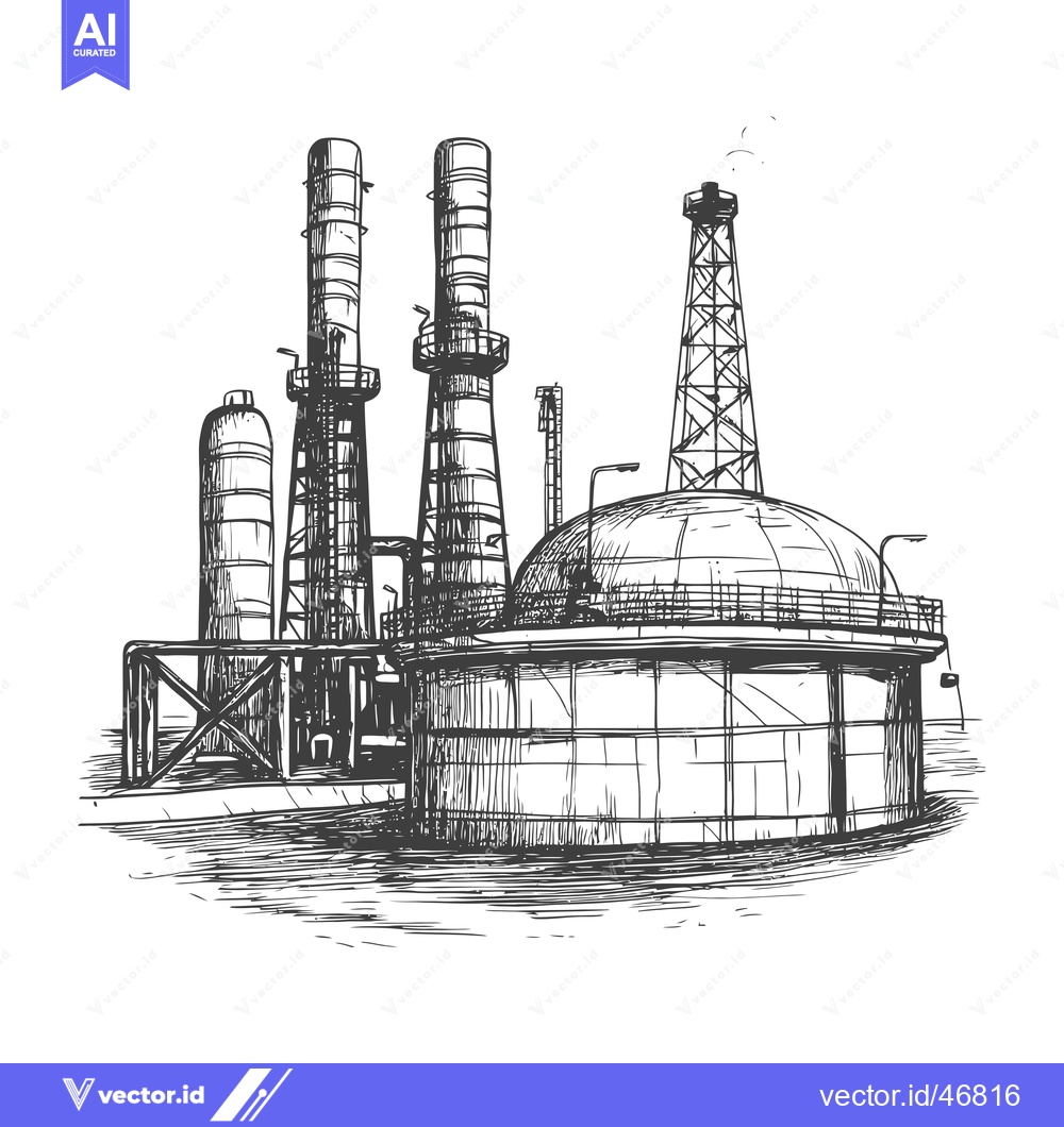 Premium Vector of Hand-Drawn Sketch of a Large Industrial Facility with Chimneys, Towers
