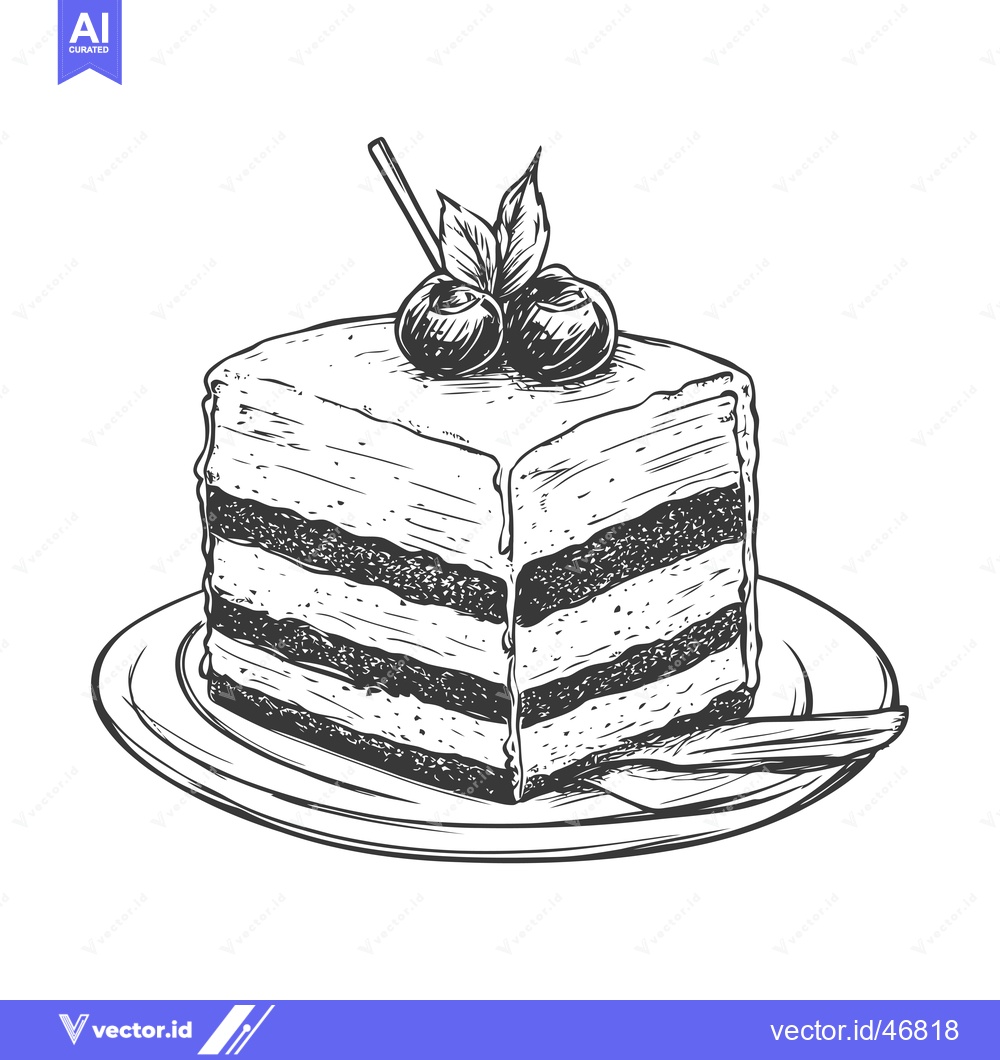Premium Vector dari Hand-Drawn Sketch of a Layered Cake with Blueberries and a Knife on a