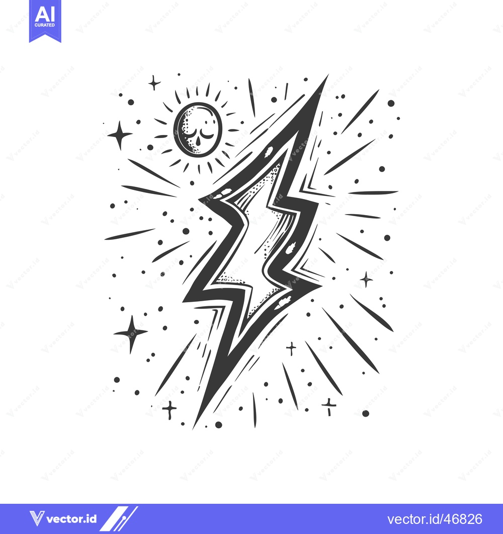 Premium Vector of Hand-Drawn Sketch of a Lightning Bolt with Stars and a Sun