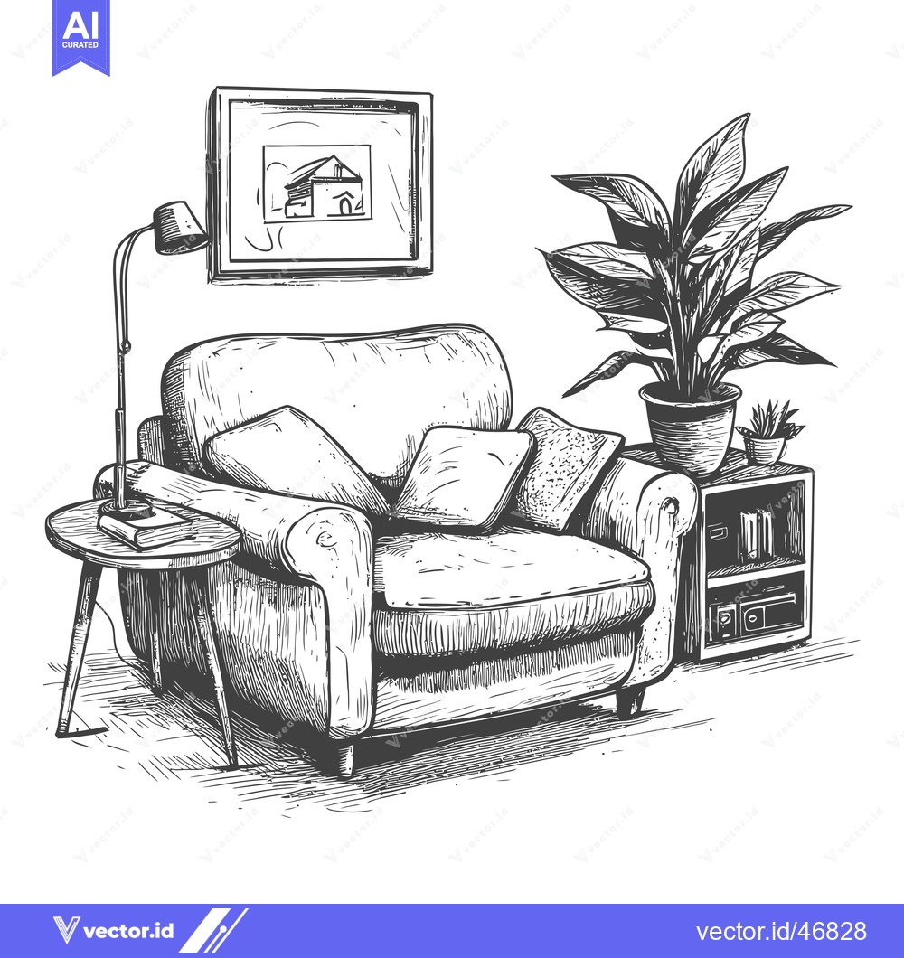 Premium Vector of Hand-drawn sketch of a living room armchair, end table, and houseplant