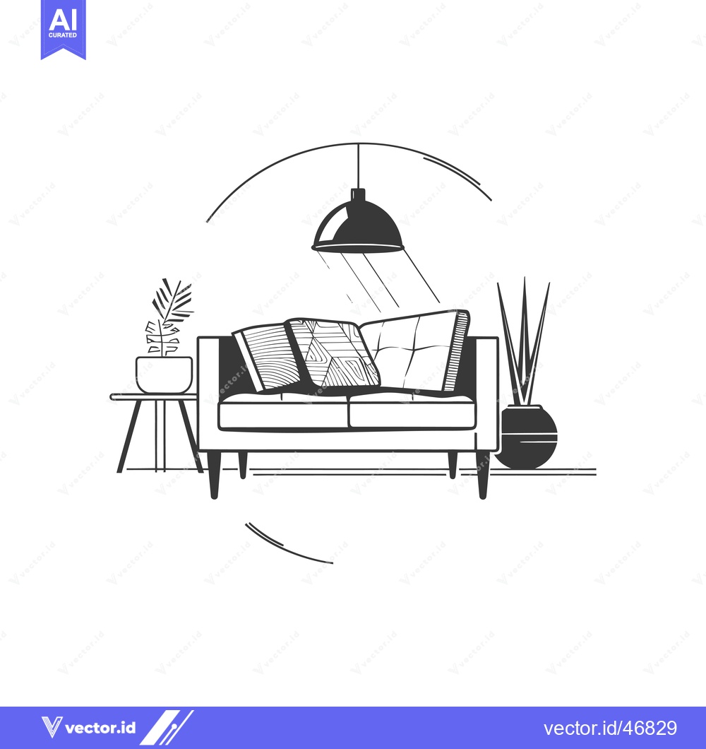Premium Vector of Hand-Drawn Sketch of a Living Room Couch with Plants and a Pendant Lig