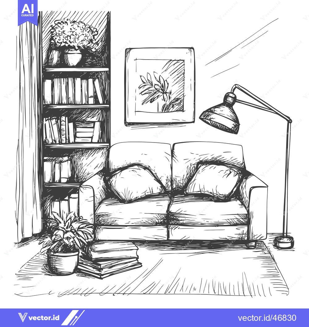 Premium Vector of Hand-drawn sketch of a living room interior with a couch, bookshelf, l