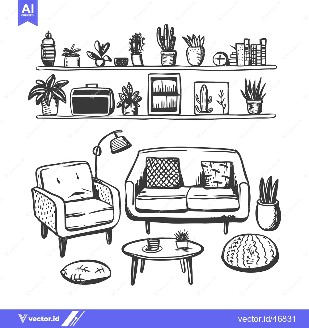 Premium Vector dari Hand-drawn sketch of a living room interior with furniture, plants, an